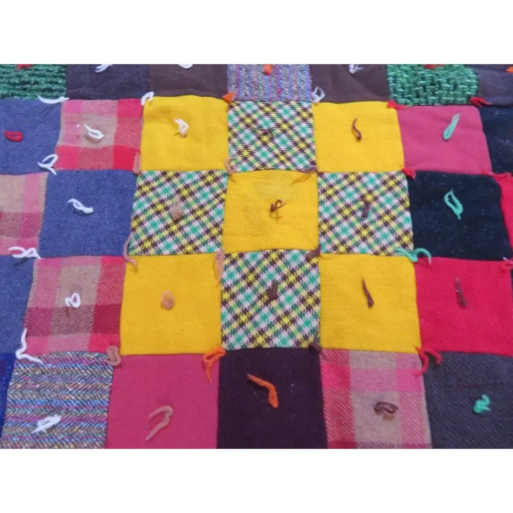 Patchwork Blanket Quilt Tied Red Calico Backing 82 x 74 Vintage